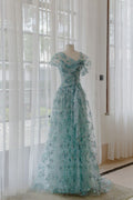 Special Green A-Line Irregular Neck Tulle Long Evening Dresses  TP1473