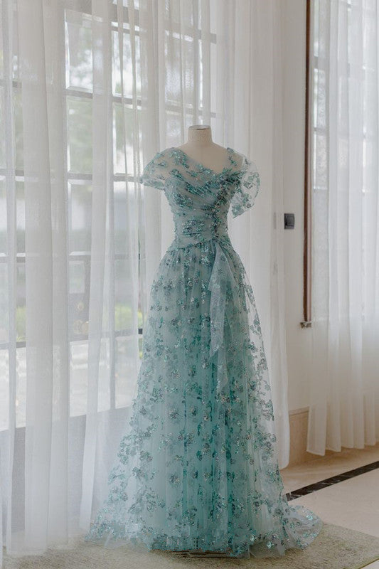 Special Green A-Line Irregular Neck Tulle Long Evening Dresses  TP1473