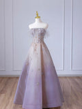 Gradient Purple A-line Strapless Sleeveless Tulle Star Long Evening Dresses  TP1480