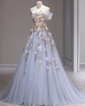Blue A-line Strapless Sleeveless 3D Flower Tulle Long Evening Dresses  TP1481