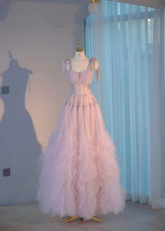 Elegant Light Purple A-line Sweetheart Spaghetti Strap Tulle Long Evening Gown Prom Dress Evening Dress TP1486