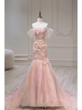 Pink Mermaid Sheath Strapless Tulle Floor Length Evening Dresses  TP1490