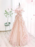 Pink A-line Strapless Sleeveless Ruffled Long Evening Dresses  TP1497