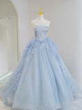 Blue A-line Sheath Strapless Ruffle Tulle Long Evening Dresses  TP1498