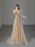 Pale Yellow A-Line V-Neck Short Sleeve Bright Beaded Tulle Long Evening Dresses TP1502