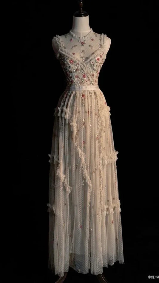Modest A Line Scoop Tulle Flowers Long Prom Dresses TP1505