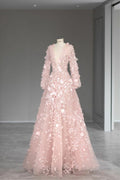 Pink A-Line V-Neck Long Sleeve Tulle Long Evening Dresses TP1506