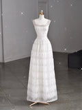 White A-line Spaghetti Straps Sleeveless Tulle Long Simple Evening Dresses TP1507