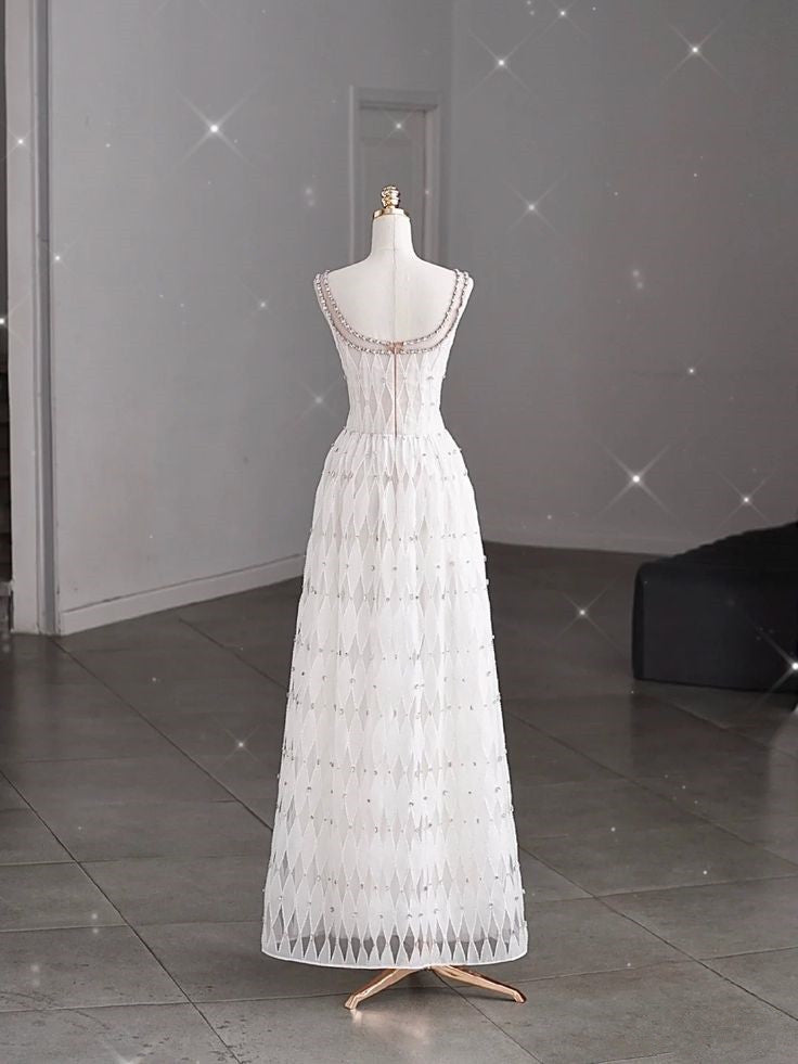 White A-line Spaghetti Straps Sleeveless Tulle Long Simple Evening Dresses TP1507