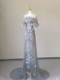Gray A-Line Round Neck Midi Sleeve Sparkling Slim Floor Length Dress TP1509