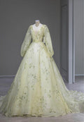 Pale Yellow A-Line V-Neck Long Sleeve Chiffon Long Evening Dresses TP1511