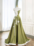 Green and White A-Line Spaghetti Strap Heart Neck Satin Long Evening Gowns TP1513