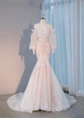 Pink Mermaid Strapless Heart Neck Tulle Floor Length Evening Dresses TP1515