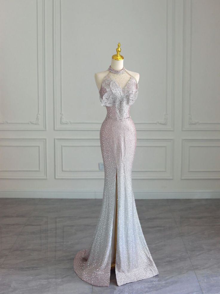 Gradient Mermaid Neckline Beaded Split Long Evening Dresses TP1523