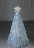 Light Blue A-Line Printed Spaghetti Strap Tulle Long Dress TP1526