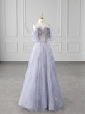 Light Purple A-line Strapless Spaghetti Strap Tulle Long Evening Dresses TP1527