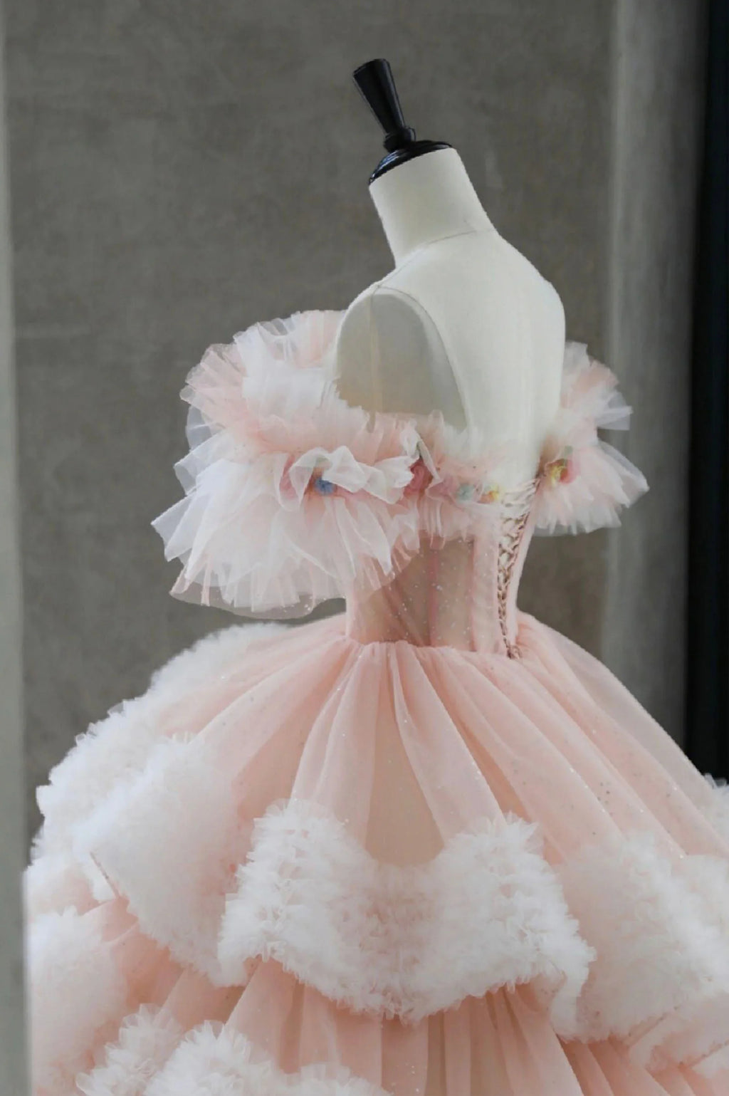 Ball Gown Off Shoulder Pink Tulle Long Prom Dress, Sweet 16 Dress TP1528