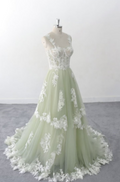 Light Green A-line Spaghetti Straps Heart Neck Lace Tulle Long Evening Gowns TP1529