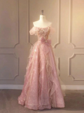 Pink A-Line Strapless Strapless Ruffle Bow Tulle Long Prom Dresses TP1533
