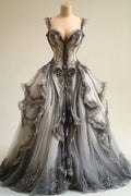Vintage Gray A-Line Heart Neck Spaghetti Strap Lace Trimmed Tulle Long Prom Dresses TP1539