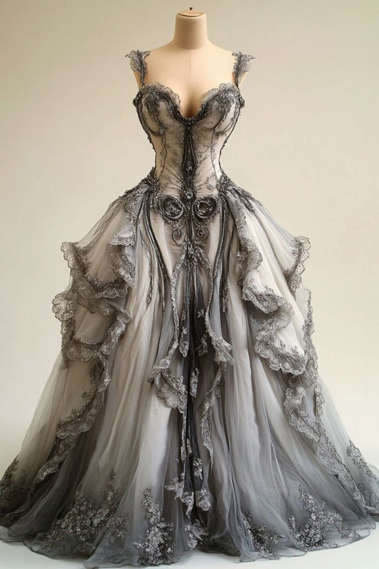 Vintage Gray A-Line Heart Neck Spaghetti Strap Lace Trimmed Tulle Long Prom Dresses TP1539