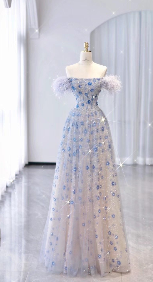 Glamorous Light Blue Off-Shoulder Feather-Sleeve Sparkle Tulle Floral Sequin Prom Dress TP1541