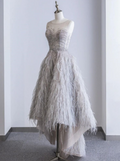 Gray High Low Round Neck Sleeveless Feather Prom Dresses TP1549