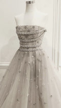 Gray A-Line Sheath Strapless Tulle Long Prom Dresses TP1551