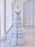Pale Blue A-Line Strapless Tulle Long Prom Dresses TP1557