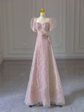 Pink A-Line Short Sleeve Glitter Tulle Long Prom Dresses TP1560