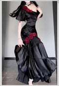 Sexy Black Satin One Shoulder 3D Flower Split Long Prom Dresses TP1561