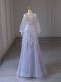 Light Purple A-Line Round Neck Long Sleeve Sequined Tulle Long Prom Dresses TP1563