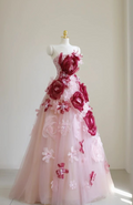 Pink A-Line Sheath Strapless 3D Flower Tulle Long Prom Dresses TP1572