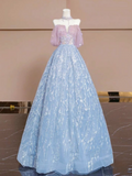 Blue A-line Strapless Sequined Tulle Long Prom Dresses TP1574