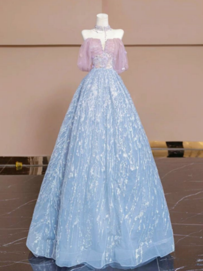 Blue A-line Strapless Sequined Tulle Long Prom Dresses TP1574