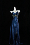 Navy A-Line Hanging Neck Satin Split Long Prom Dresses TP1577