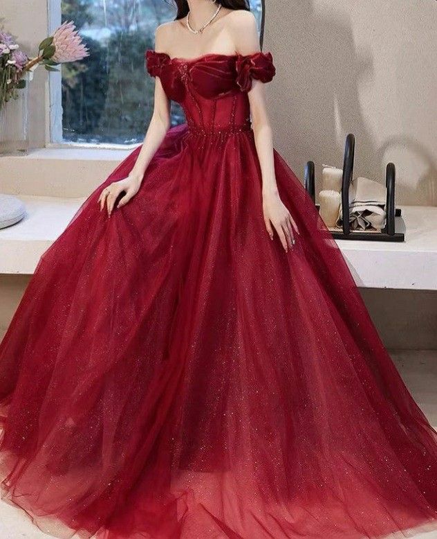 Vintage Burgundy Off-the-Shoulder Glitter Tulle  Sweetheart Ball Gown TP1579