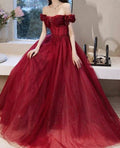 Vintage Burgundy Off-the-Shoulder Glitter Tulle  Sweetheart Ball Gown TP1579