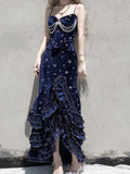 Navy Star Mermaid Dress Velvet High Leg Split Irregular Skirt TP1582