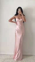 Pink A-Line Spaghetti Strap Simple Satin Long Prom Dresses TP1584