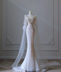 Pink Mermaid Round Neck Long Sleeve Beaded Tulle Long Prom Dresses TP1589
