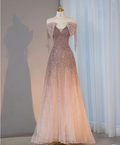 Pink A-Line Strapless Sequined Tulle Long Prom Dresses TP1593