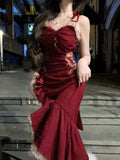 Burgundy Spaghetti Strap Heart Neck High Low Irregular Hem Dress TP1601