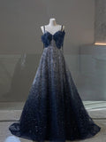 Navy A-Line Spaghetti Strap Heart Neck Sequined Tulle Long Prom Dresses TP1605