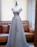 Gray A-Line Sleeveless Tulle Long Prom Dresses TP1615