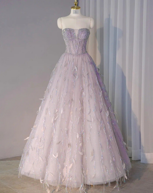 Charming Color Purple A-Line Strapless Heart Neck Tulle Long Prom Dresses TP1616