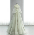 Green A-Line High Neck Long Sleeve Backless Tulle Long Prom Dresses TP1620