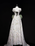 White A-Line Floral Strapless Strapless Bowknot Floor Length Prom Dresses TP1625