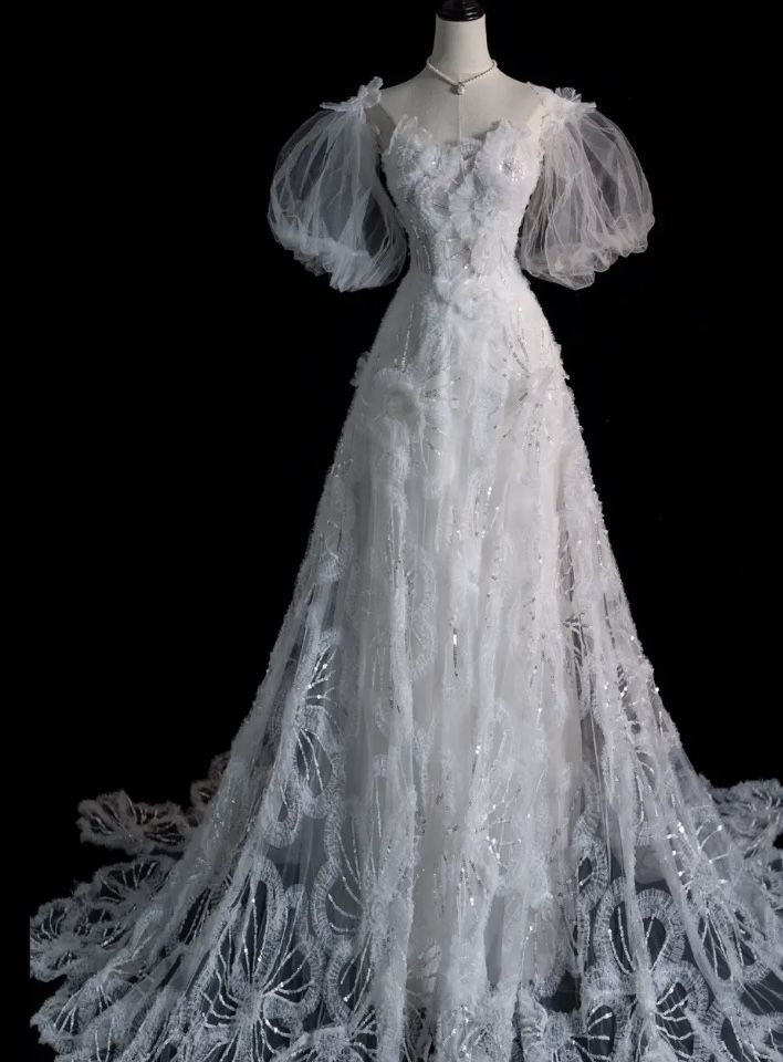 White A-Line Short Sleeve Floral Tulle Long Floor Length Prom Dresses TP1626