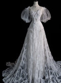 White A-Line Short Sleeve Floral Tulle Long Floor Length Prom Dresses TP1626